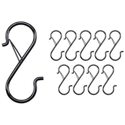 10 PCS S Hooks for Hanging, 3.5 Inch Heavy Duty S Hooks with Safety Buckle, Metal Hook for Closet, Kitchen, Plants, Hanging Plant Hooks for Clothes, Bags, Cups, Utensils (Black, 10PCS) - size: 10 Pieces