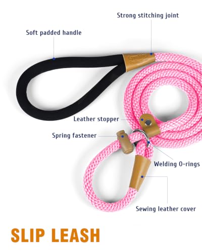 Dog Leash Slip Lead Braided Rope Pet Training Loop Leashes 5ft 6ft 8ft - color: Pink