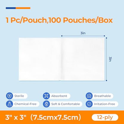100 Pack Sterile Gauze Pads 3x3 Inch 12-Ply, 100% Cotton Large Gauze Sponges for Wound Care, Highly Absorbent Bulk Hospital-Grade First Aid & Surgical Dressing - size: 3"x3"(Pack of 100)