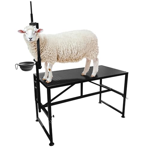 Goat Milking Stand, Adjustable Height Goat Stand with Feed Bin & Adjustable Headpiece, Heavy-Duty 600 Lbs Metal Livestock Shearing Stands for Sheep Goats Lambs Trimming Grooming