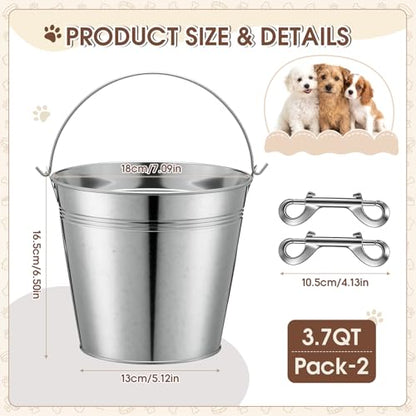 Sieral 2 Pack 3.7 Qt Stainless Steel Sided Bucket with Hook Double Ended Snaps Dog Water Large Food Grade Metal Bucket for Dogs Cats Goat & Livestock Cages Fences Pet Container