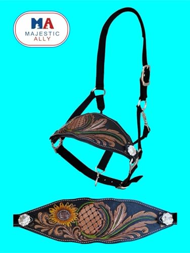 Majestic Ally Equestrian Designer Bronc Halter for Horses, Hand-Tooled Leather Nose, Padded Nylon Crown and Noseband - style: Leaves and Flowers