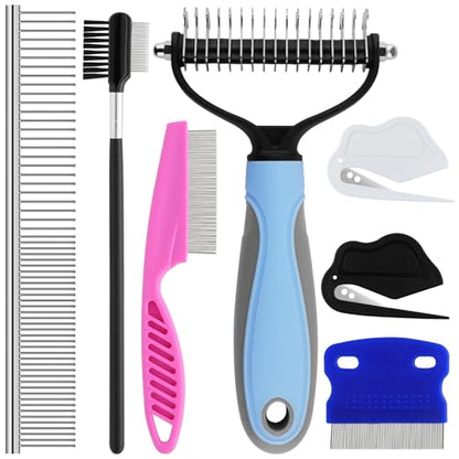 7 Pack Pets Grooming Brush Comb Kit,Double-Side Deshedding Dematting Dog Brush,Undercoat Rake for Dogs & Cats,with Metal Comb,Flea Comb,Open Knot Comb,Fine-Teeth Comb,Tear Stain Remover Comb - style: Pet Combs with Deshedding Brush