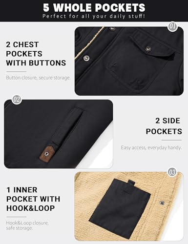 KEFITEVD Men's Winter Fleece Jacket Sherpa Lined Warm Cargo Trucker Coat - color: Black, size: Large