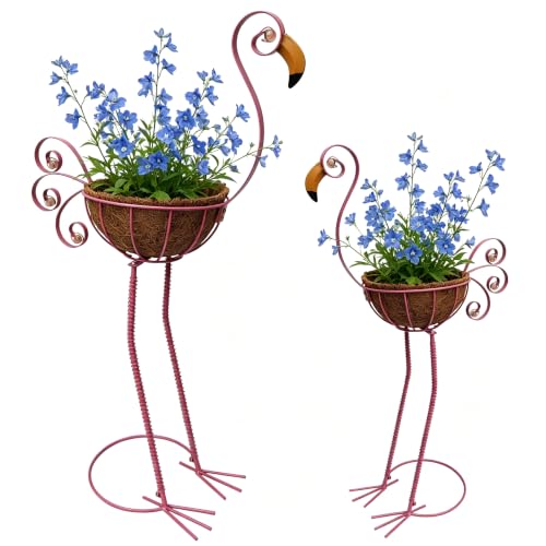 Pink Flamingo Planters,Metal Flamingo Plant Pots Decorations with Fiber Basket,Outdoor Indoor Standing Bird Planters Lawn Garden Décor Art for Lawn,Yard,Patio,Balcony Ornament（Set of 2） - color: Pink（flamingo）