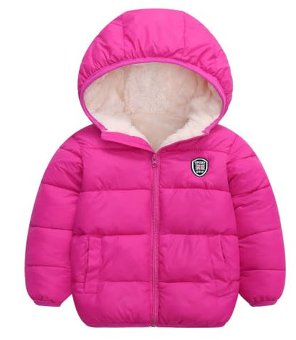 Happy Cherry Boys Girls Winter Thick Jacket Warm Fleece Fur Lining Zipper Hooded Windproof Coat Outwear for 1-7 Years - color: Rose Pink, size: 9-18 Months