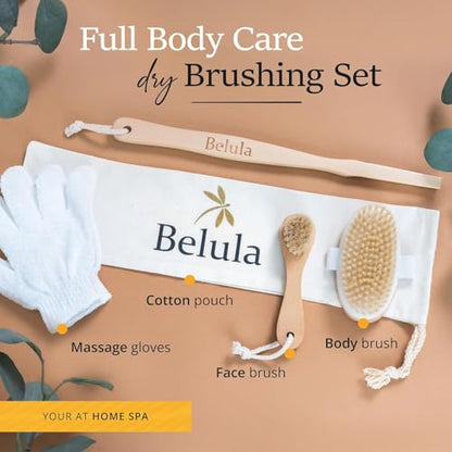 Belula 100% Boar Bristle Dry Brushing Body Brush Set, Face Brush, Gloves