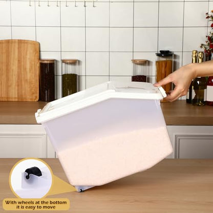 Sunnyray 4 Pcs Rice Storage Container 27.5 lb Airtight Flour Container with Wheels Measuring Cup White Pet Food Dog Cat Birds Food Bin Grain Cereal Organizer Box for Dry Baking Supplies - size: 9.45 x 12.2 x 10.24 Inch