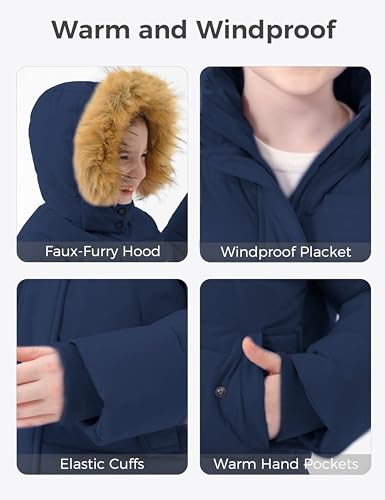 wantdo Girls' Waterproof Winter Coat Long Puffer Jacket Warm Parka Hooded - color: Navy, size: 6-7