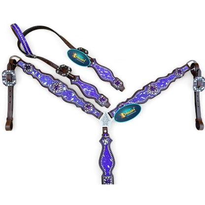 Western Leather Headstall & Breast Collar Set for Horses - Valentine’s Day Silver Metallic Cowhide with Rhinestones - color: Purple