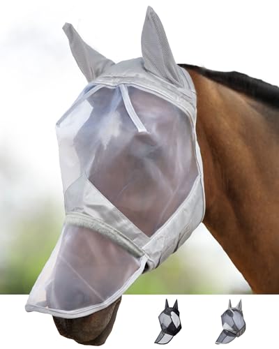 Harrison Howard CareMaster Horse Fly Mask Large Eye Space Long Nose with Ears Full Face Moonlight Silver Small Pony - color: Moonlight Silver, size: Pony (Small)