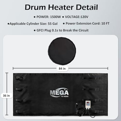 Industrial Grade/Weather Resistant Drum Heating Blanket,55 Gal Drum Heater Fixed Thermostat 0-150℉,Insulated Pail Band Heater with 10ft Power Cable - size: 55Gal