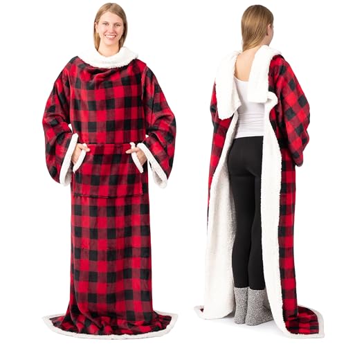 PAVILIA Sherpa Wearable Blanket with Sleeves and Pocket, Plush Thick Cozy Body Blanket Wrap for Adult Women Men, Christmas Gift for Wife Mom, Buffalo Red Black - color: Checkered Red