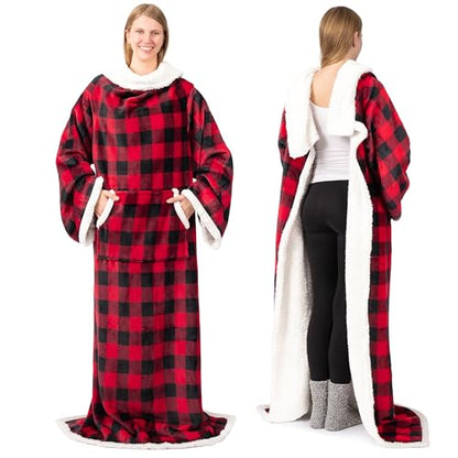 PAVILIA Sherpa Wearable Blanket with Sleeves and Pocket, Plush Thick Cozy Body Blanket Wrap for Adult Women Men, Christmas Gift for Wife Mom, Buffalo Red Black - color: Checkered Red