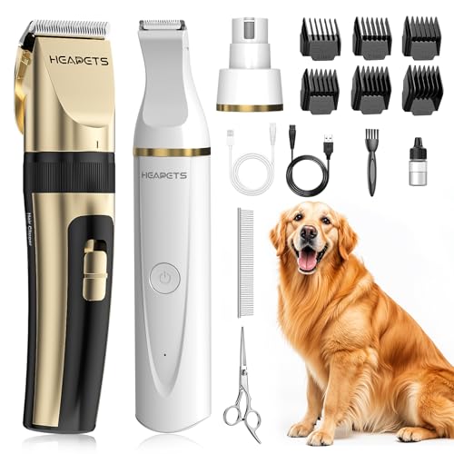 HEAPETS Dog Hair Clippers for Grooming Kit and Dog Paw Trimmer Nail Grinder for Grooming, Low Noise Rechargeable Cordless, Shaver Grooming Supplies for Pet Cats Dogs (Gold, White) - color: Gold-white