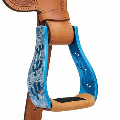 CHALLENGER Horse Western 5" Slanted Offset Angled Cactus Engraved Aluminum Show Stirrups 51243 - color: Turquoise Cactus