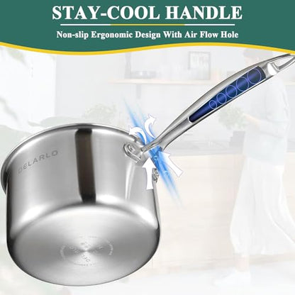 DELARLO Tri-Ply Stainless Steel Saucepan 1QT 2QT Kitchen Pot Set - color: Silver, size: 1QT+2QT With Steamer