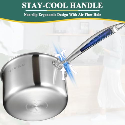 DELARLO Full-body Clad Tri-ply Stainless Steel 2 Quart Saucepan with Lid - color: Silver, size: 2 Quarts