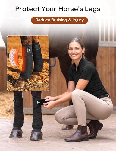 FitsT4 Sports Horse Polo Wraps 3.1m Soft Fleece Equestrian Leg Protection 4 Pack with Package Black - color: Black
