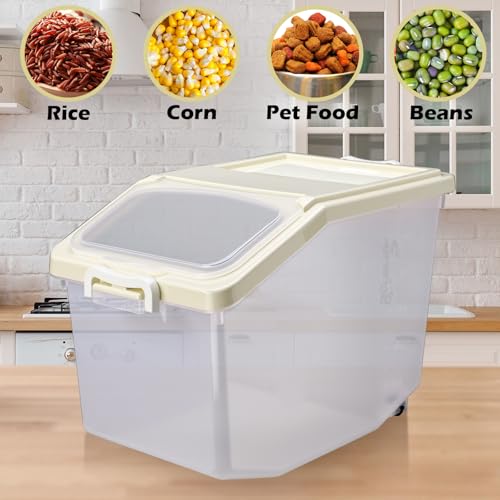 Sunnyray 4 Pcs Rice Storage Container Bulk 27.6 lb Airtight Flour Container with Wheels and Lids Measuring Cup Clear Pet Food Dog Birds Cat Food Bin Grain Cereal Organizer Box(Cream) - color: Cream