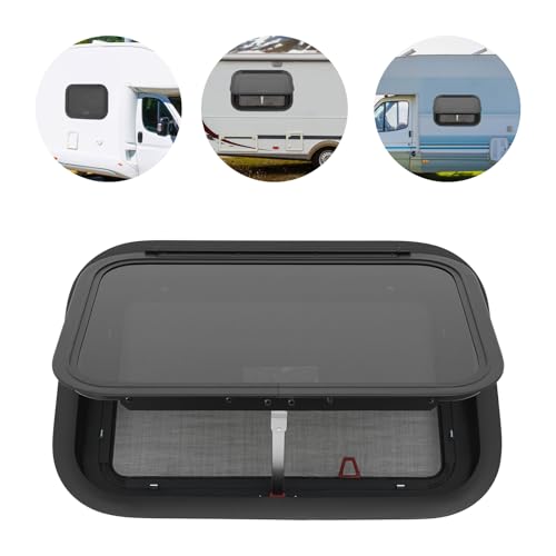 RV Exit Window W/ Trim Ring & Screen, Push Out Glass Camper Window – Tempered Glass/Aluminum Alloy, 22*15in Hole, 38mm Wall Thickness, Black for RV/Camper/Trailer Owners