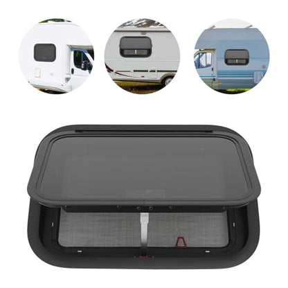 RV Exit Window W/ Trim Ring & Screen, Push Out Glass Camper Window – Tempered Glass/Aluminum Alloy, 22*15in Hole, 38mm Wall Thickness, Black for RV/Camper/Trailer Owners