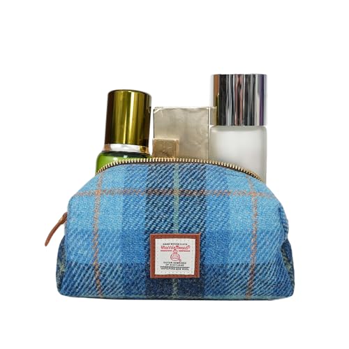 TAILORMAP Harris Tweed Wool Cosmetic Bag, Large Capacity Scottish Tartan Handmade Makeup Organizer, Stain-Resistant Travel Toiletry Pouch for Women (Blue Plaid) - color: Blue Plaid