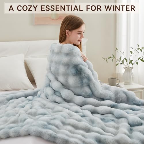 Anysay Faux Fur Throw Blanket, 1000GSM Fluffy Soft Bubble Blanket 50''*60'' - color: Blue, size: Throw
