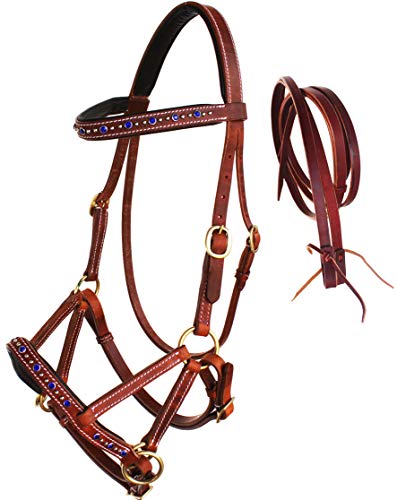 Horse Western Leather Beaded Bitless Sidepull Bridle Reins Rhinestone - color: Tan/Royal Blue
