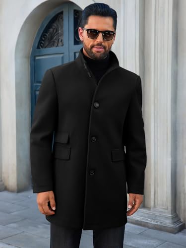 Runcati Mens Pea Coat Single Breasted Mid Long Trench Coat Overcoat | Slim Fit, Stand Collar, Fall Winter, Jacket, Pocket, Warm, Casual, Dress, Business, Christmas Gift - color: Black, size: Medium