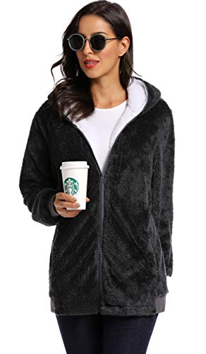 Fleece Coat for Women,Women's Oversized Zip Up Hooded Jacket Winter Plus Size Sherpa Coat - color: Adarkgrey, size: Medium