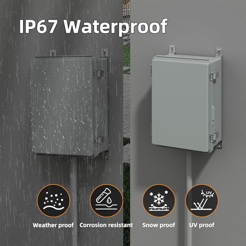 Joinfworld Waterproof Box for Electronics Outside 11.4x7.5x5.5 Outdoor Weatherproof Electrical Box Plastic Weather Proof Nema 4 Enclosure | ABS box, FOR Insulation WiFi signal, Stainless Steel Latches, Plate & NPT1/2" Glands, For Solar, Starlink, Network,