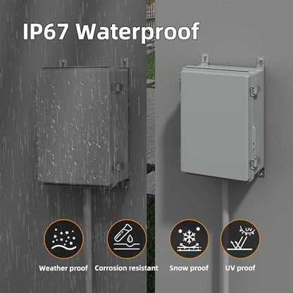 Joinfworld Waterproof Box for Electronics Outside 11.4x7.5x5.5 Outdoor Weatherproof Electrical Box Plastic Weather Proof Nema 4 Enclosure | ABS box, FOR Insulation WiFi signal, Stainless Steel Latches, Plate & NPT1/2" Glands, For Solar, Starlink, Network,