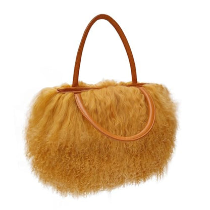 Women Luxury Real Curly Mongolian Lamb Fur Purse - color: Camel