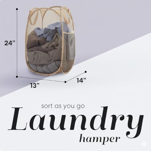 Handy Laundry Collapsible Mesh Pop Up Hamper with Side Pocket - color: Beige, 1-PACK