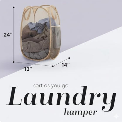Handy Laundry Collapsible Mesh Pop Up Hamper with Side Pocket - color: Beige, 1-PACK