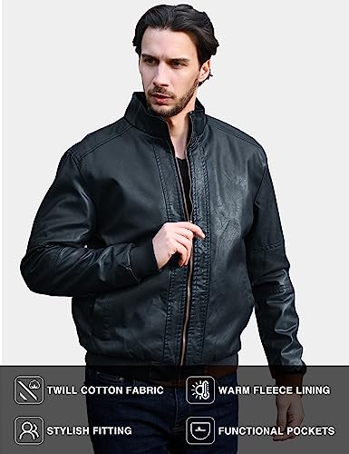WenVen Men's Stand Collar Fleece Lined Faux Leather Jacket Warm Winter Coat | Bomber Outerwear - color: Navy, size: X-Large