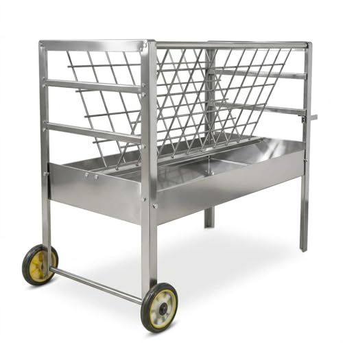 Heavy Duty 2-in-1 Goat Feeder, Hay and Grain Livestock Feed Trough with Wheels, Mobile Feeding Station for Goats Sheep in Pasture or Barn