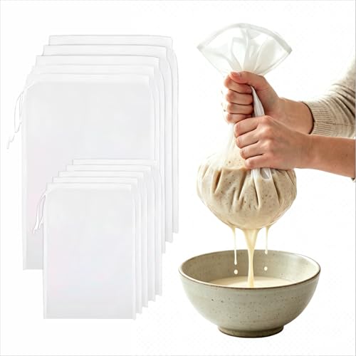 Nut Milk Bags 10 Pack, 2 Sizes Reusable Cheesecloth Strainer Bags, 5 Large 12 x 8 Inch + 5 Small 8 x 6 Inch, 200 Mesh Food Straining Bags for Yogurt, Juice, Coffee, Tea and Tofu