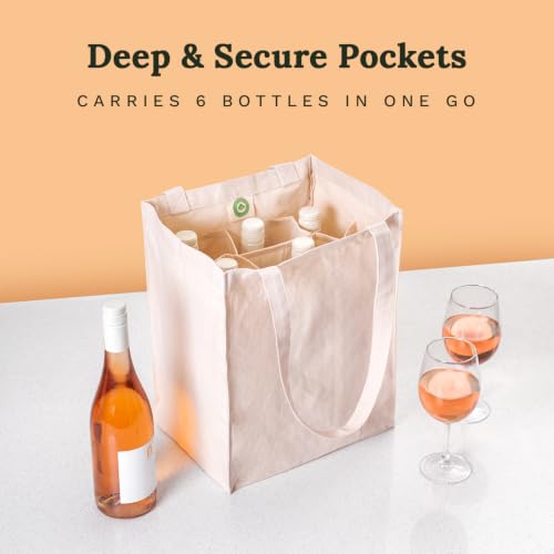 Six Bottle Canvas Wine Tote Bag - Premium Material, Extremely Sturdy, Washable & Reusable Wine Carrier Bag - Double Stitched Reusable Wine Bags - Sturdy 6 Bottle Wine Carrier (1 Bag)