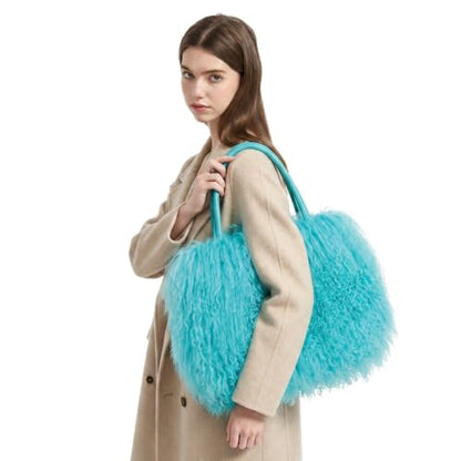 Women Luxury Real Curly Mongolian Lamb Fur Purse - color: Blue