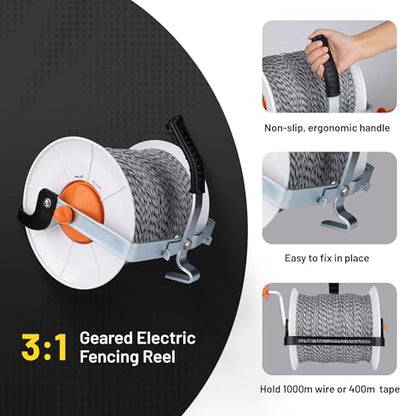 Extended 3:1 Geared Electric Fencing Reel, with 3300ft Premium Polywire - size: 3937 ft x 1 extended reel x 1 Handle