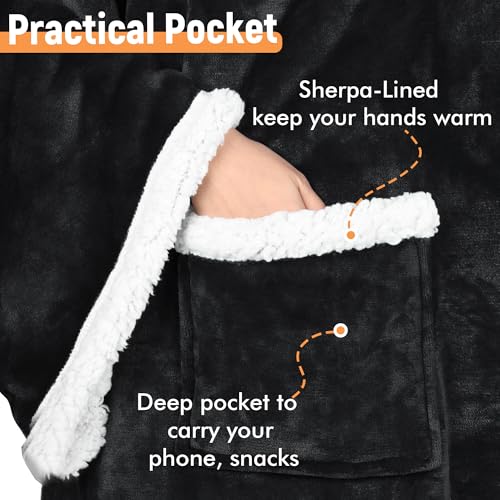 Catalonia Sherpa Wearable Blanket with Sleeves and Pocket for Adults - color: Black, size: Standard Pocket
