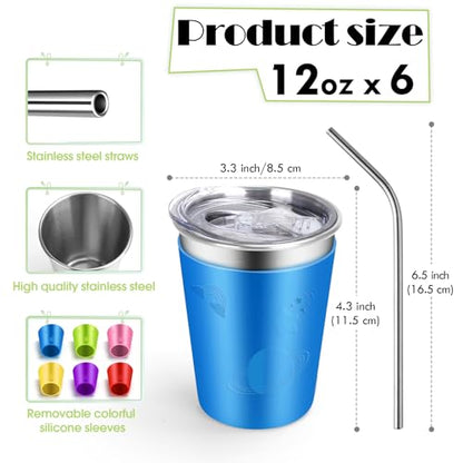 ShineMe Stainless Steel Cups for Kids, 12oz Kids Cups with Stainless Steel Straws and Leak Proof Lids, Unbreakable Metal Tumbler with Colorful Sleeves for Heat/Cold Insulation 6 Pack - color: purple/red/yellow/blue/green/pink