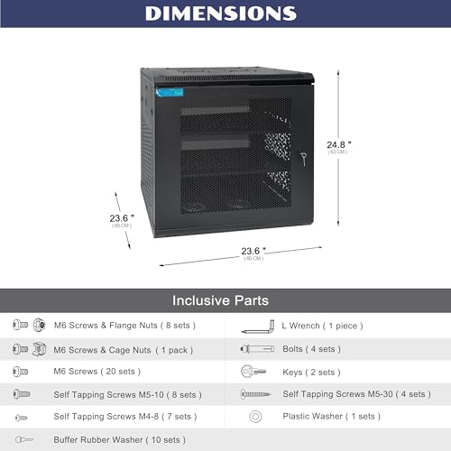 12U Wall Mount Server Cabinet with A Lockable Front Vented Door, Cooling Fans, Removable Side Panels - 60cm Depth, 19" Network Rack Including 2 PCS Full-Size Rack Shelves for IT Equipment - size: 12U/600mm Depth