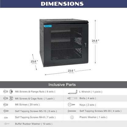 12U Wall Mount Server Cabinet with A Lockable Front Vented Door, Cooling Fans, Removable Side Panels - 60cm Depth, 19" Network Rack Including 2 PCS Full-Size Rack Shelves for IT Equipment - size: 12U/600mm Depth