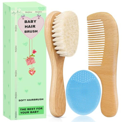 Baby Hair Brush with Wooden Handle and Comb Set for Newborns & Toddlers | Natural Soft Goat Bristles l Wood Comb l Blue Cradle Cap Brush| Ideal for Cradle Cap (3 Piece) - color: Blue Silicone Brush (3pcs)
