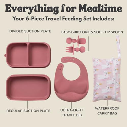 Baby Travel Feeding Set with Silicone Suction Plates, Dark Pink Small - color: Dark Pink
