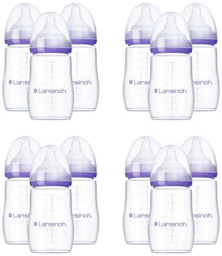 Lansinoh Anti-Colic Baby Bottles, BPA-Free Plastic, 8 Ounces, Medium Flow Nipples (Size M), Breastfeeding Bottle with NaturalWave Design, Baby Essentials (Pack of 12) - size: 1 Count (Pack of 12), style: 8 Ounce