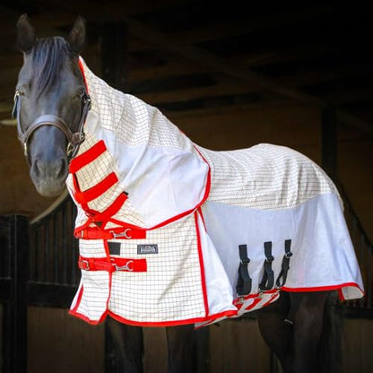 Jeffers Romper Stomper Sweet Itch Fly Sheet for Horses with Detachable Neck 75", Breathable Mesh Cotton Blend Top, UV & Insect Protection Horse Sheet, Lightweight Turnout Rug - White and Red - size: 75"